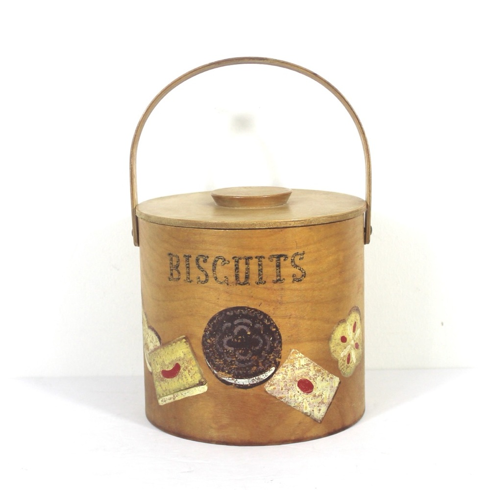 Vintage Painted Wood Biscuit Pail Barrel Bin Cookie Container, Country Kitchen